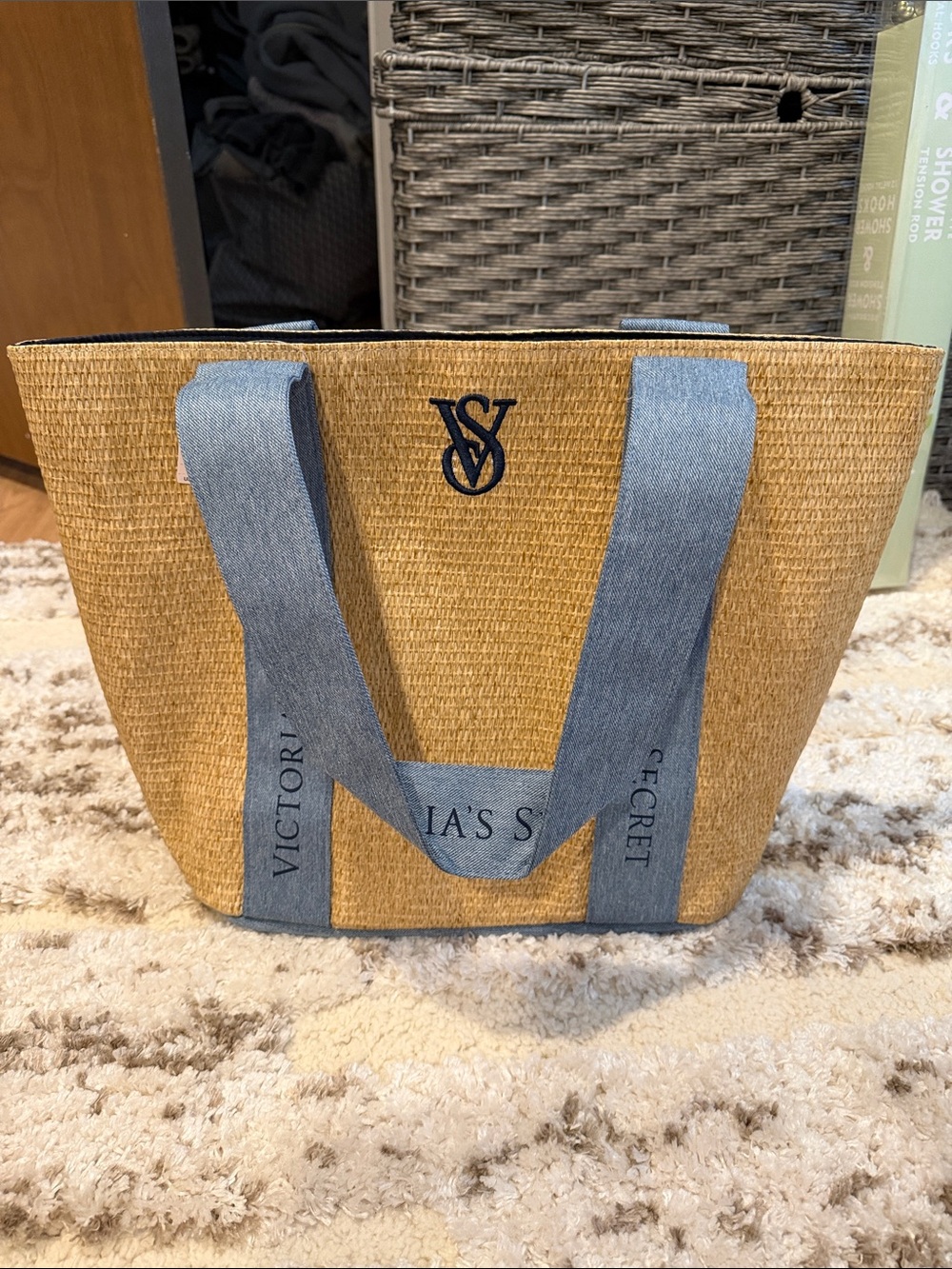 Victoria's Secret Natural Straw Tote with Blue Logo Straps and Navy Monogram